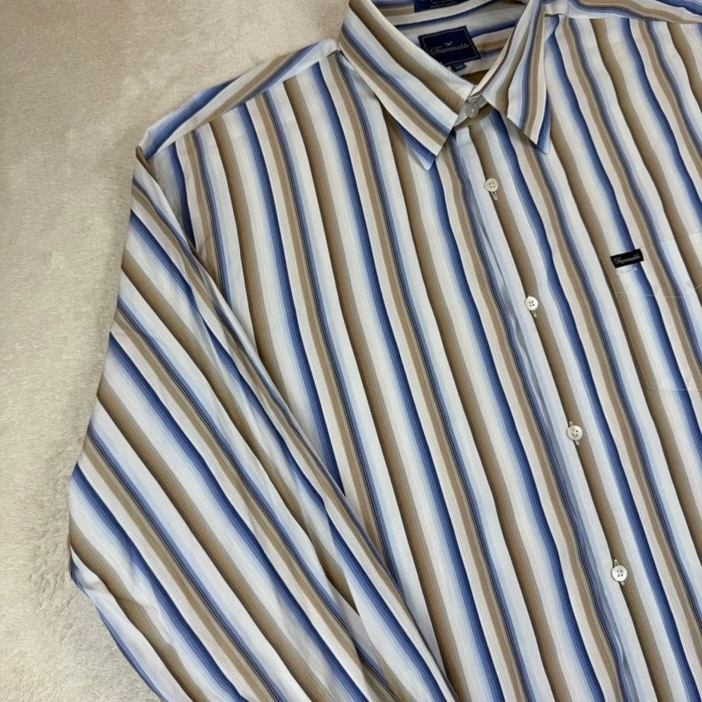 Faconnable Mens XXL‎ Blue/Tan/White Striped Long Sleeve Button Down Cotton Shirt
